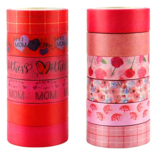 PETOX 12 Rolls Washi Tape Set Carnation Heart Lattice Decorative Tape for Gift Wrapping for MOM, DIY Crafts, Journals, Planners, Scrapbooks, Envelopes, Gift Wrapping