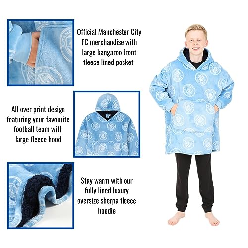 MANCHESTER CITY Football Club Boys Fully Lined Luxury Fleece Hoodie, Oversized Fleece Blanket Hoody 7-13 Years Blue - Image 6