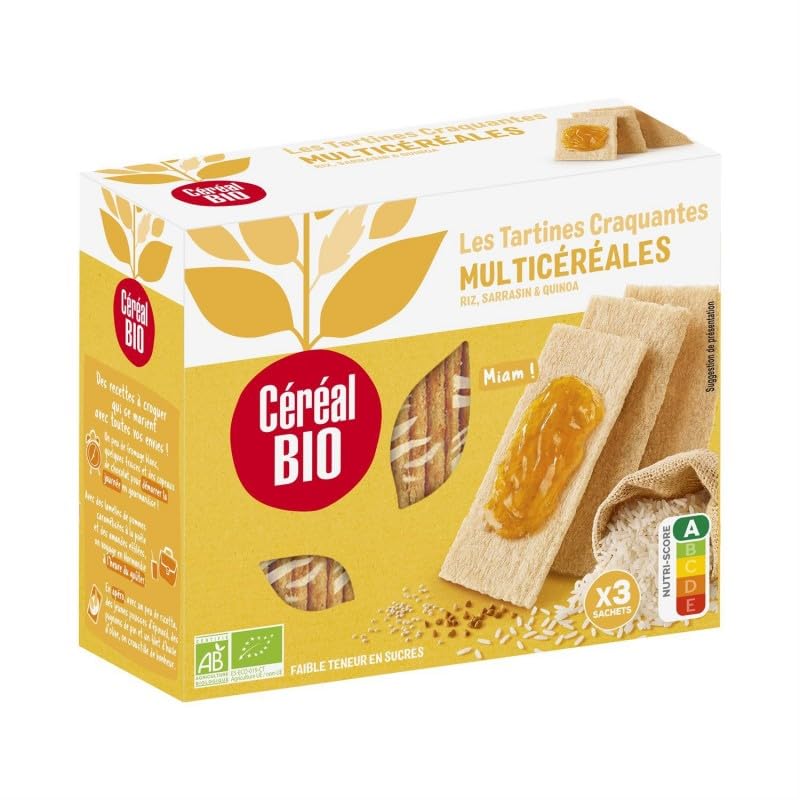 CEREAL BIO Tartines Craquantes Multicéréales 145g, snack sain et bio pour un petit-déjeuner léger- Lot De 4