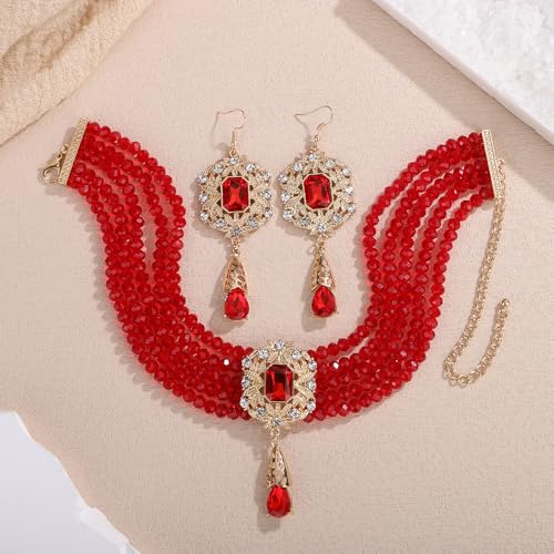 Octwine Boho Gold Silver 1920s Layered Pearls Necklace Teardrop Earrings Set for Women Trendy Retro Black Necklace Dainty Bride Wedding Crystal Rhinestones Pearls Necklace Earrings Set for Women3