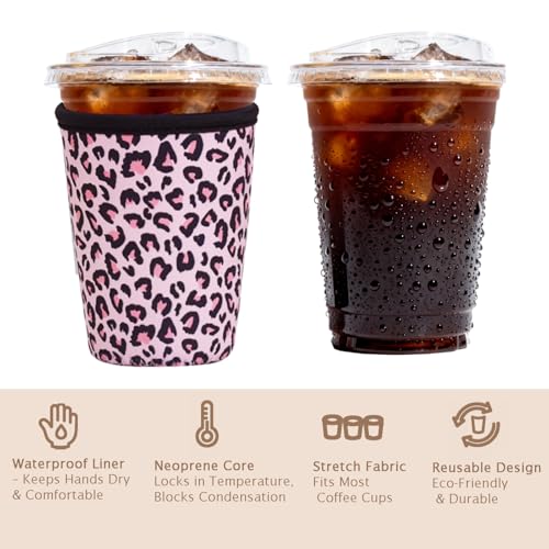 Image of Reusable Insulated Sleeve for Iced Coffee Cup, 3-Pack Coffee Neoprene Drink Sleeve for Cold & Hot Drinks, Beverage Holder for Iced Coffee (Pink Leopard)