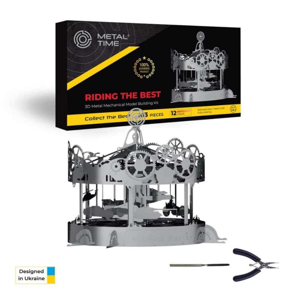 METAL-TIME Riding The Best Karussell Modell, 3D-Puzzle-Bauhandwerk für Erwachsene und Kinder, DIY Bau aus Edelstahl mit Werkzeugkasten, 42 Stück