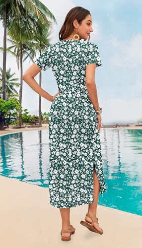 Image of MISFAY Womens Maxi Dress Short Sleeve V Neck Loose with Pockets | Soft stretchy breathable, v neck loose fit, side split hem, two side pockets, casual daily beach vacation travel dress