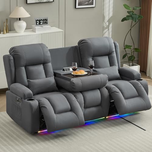 Image of URRED Power Loveseat Recliner Sofa with Massage and Heat, Wall Hugger Reclining Loveseat with Console, RV Couch Home Theater Seating with LED Lights for Living Room (Blue Grey, 76.8 inch - 3 Seats)