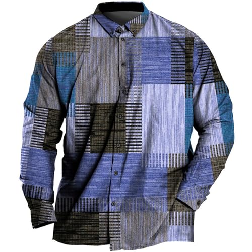 Generisch Camisa de manga larga de moda para hombre con diseño de impresión 3D elegante cuello abierto elegante moda de negocios y ocio, azul, M