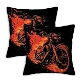 ZibZorp Flaming Motorcycle Pillow Covers 18x18 Set of 2 | Biker Decorative Cushion Cases | Fire Motorbike Pillowcases | Bold Garage Throw Covers for Sofa Living Room Bedroom Decor