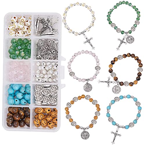 SUNNYCLUE 1 Box 276Pcs Rosary Cross Charms Round Cross Beads Beading Bracelets Making Kit DIY Synthetic Turquoise Beaded Adjustable Stretch Rosary Bracelet Kits Craft Instruction