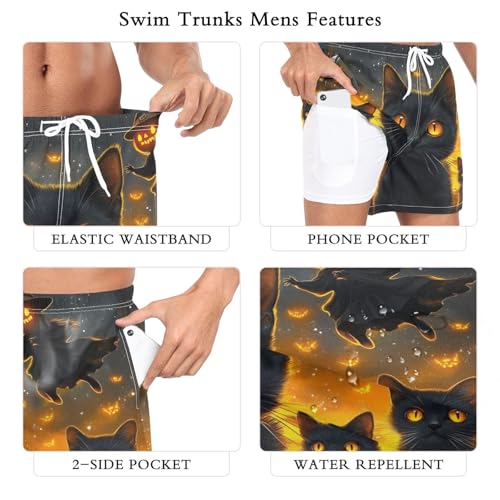 Mens Swim Trunks with Liner, Halloween Cats Night Cool Quick Dry Beach Swim Shorts, Swimwear Bathing Suits S3