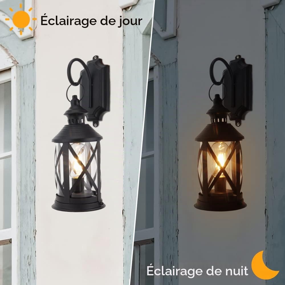 TRIROCKS Set de 2 Appliques Murales Métalliques à Batterie 26 cm Haut, Lanternes Décoratives Sans Fil avec Lumières LED Edison pour Décor Maison, Patio, Jardin, Soirées (Noir)