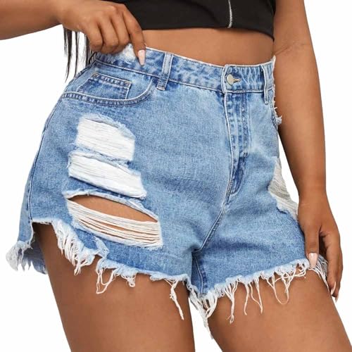 MapleHub Plus Size Shorts Women High Waisted Ripped Folded Hem Jean Shorts