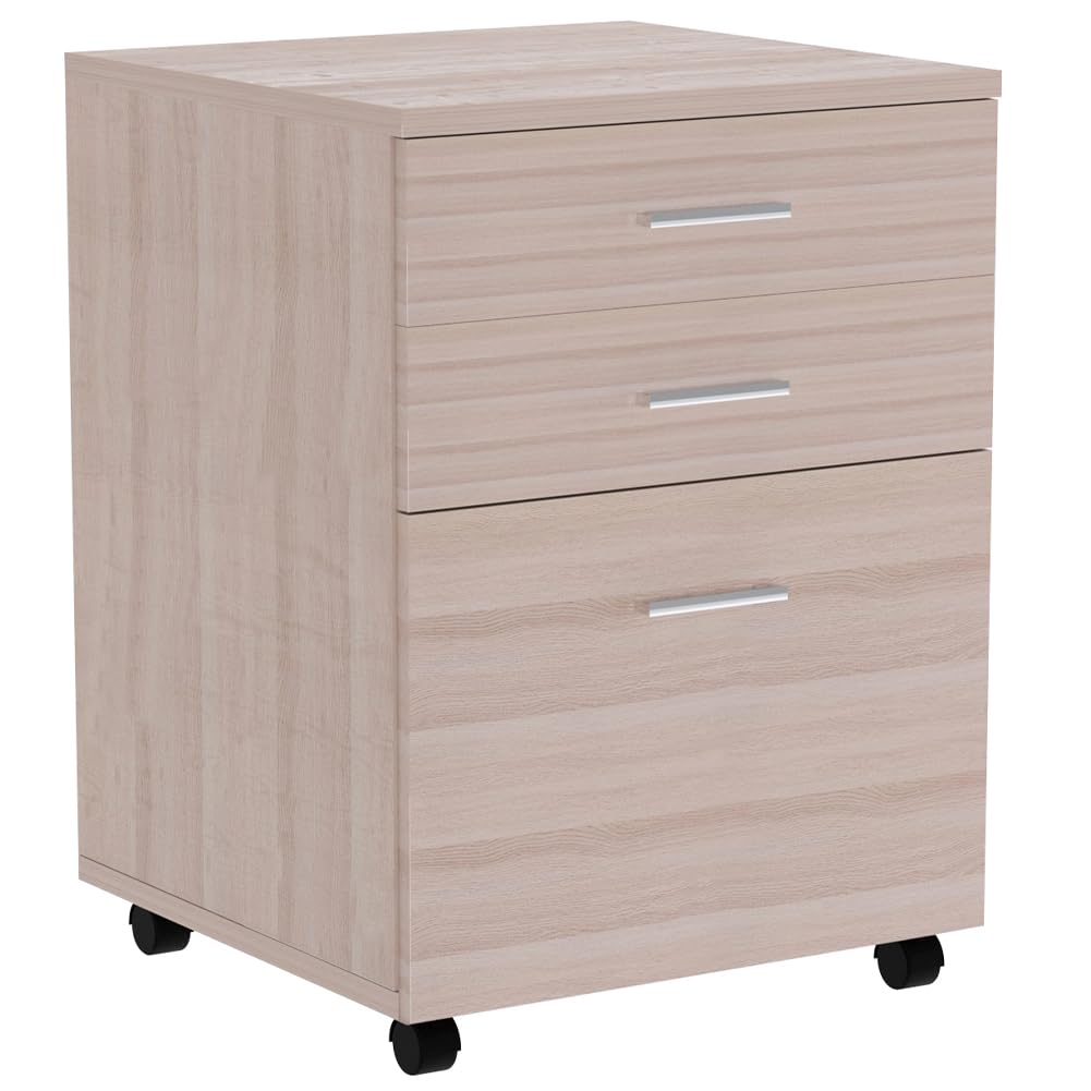 BAKAJI Cajonera móvil para escritorio, mueble para impresora de madera MDF con 3 cajones y 4 ruedas giratorias, diseño moderno, decoración para casa u oficina. Dimensiones: 46,5 x 45 x 64 cm (Olmo)