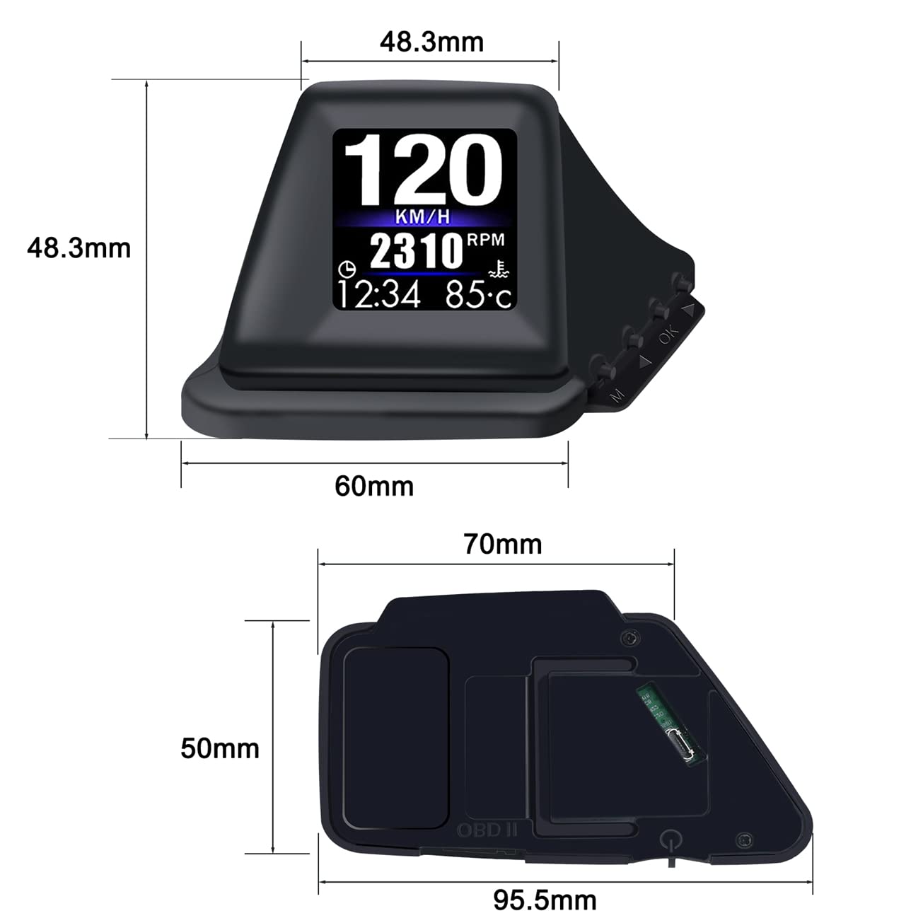 Diagram showing the dimensions of the KAOLALI Car HUD Display