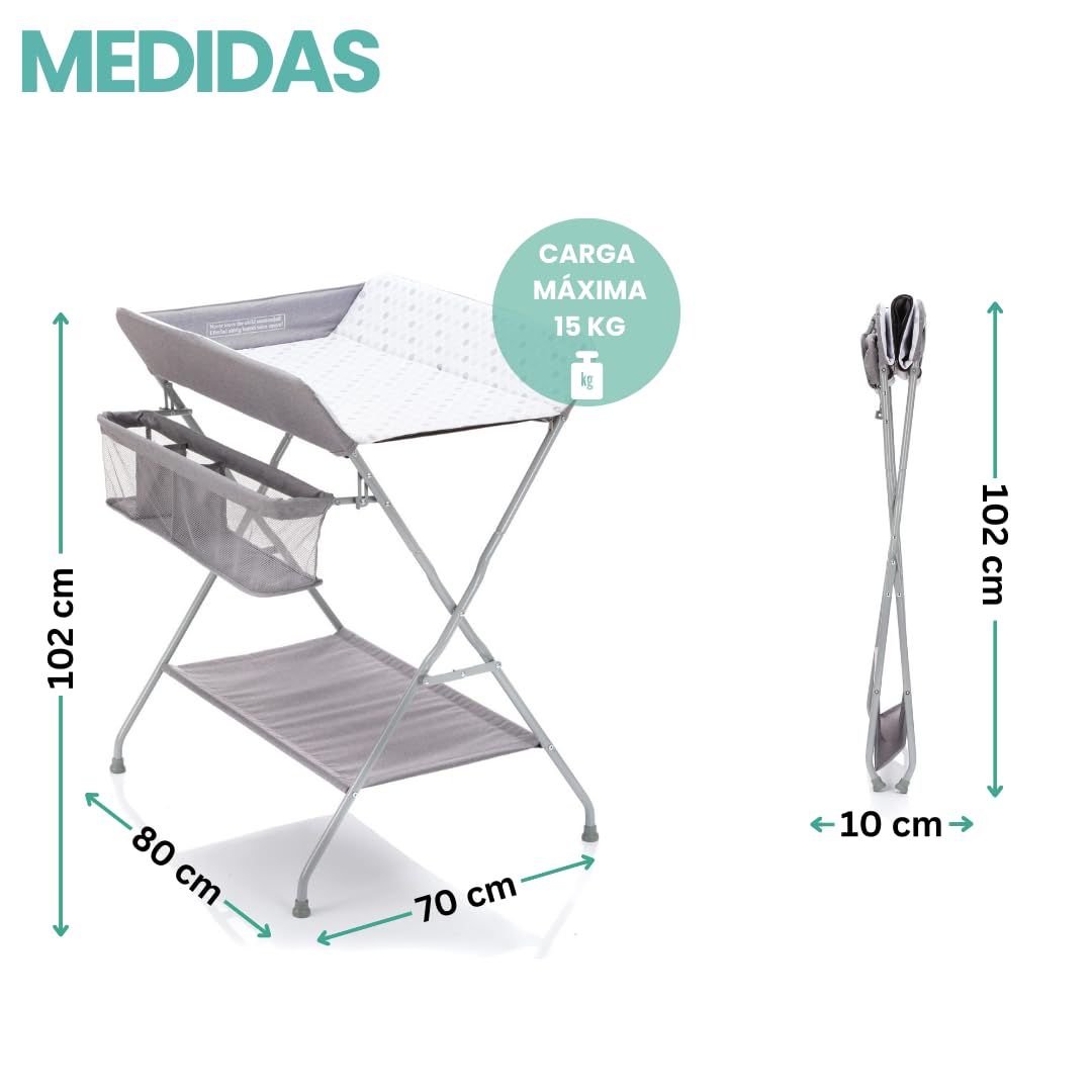 Fillikid Cambiador Bebe Mueble Plegable, Plastificado Impermeable con Organizador de Pañales - Topos/Gris