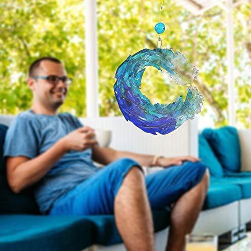 Fewear 5/8inch Fused Glass Crashing Ocean Wave Art, Fused Glass Ocean Suncatcher Ornament Glass Wave Sun Catcher, 2 Size (5inch)