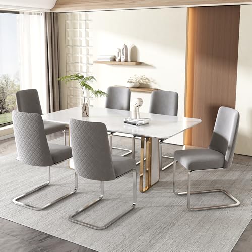 Lujosa silla de comedor de terciopelo con respaldo de diamante, patas de soporte de metal, ideal para sala de estar y dormitorio, juego de 6 sillones grises y plateados