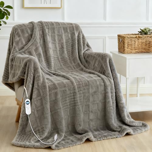 Heated Blanket Electric Throw, 50'X60' Heating Blanket Waffle with 12 Heat Levels, Fast Heating Blanket with 1-12H Timer, Overheat Protection with ETL & FCC for Bed Home Office Sofa (Light Gray）