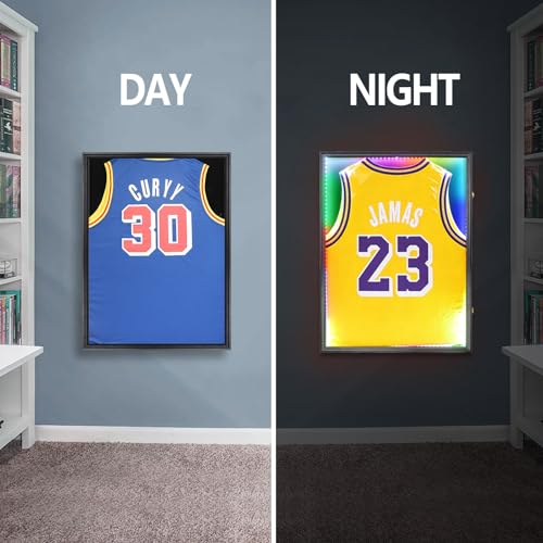 Image of Jersey Frame with LED for Wall, Large Lockable T-Shirt Shadow Box with LED Light & Clear UV Protection Acrylic & Hangers for Football Basketball Baseball Soccer Hockey, Matte Black 1 Pack