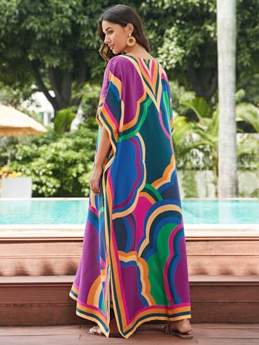 Image of sunforyou Kaftan Dresses for Women Plus Size Lightweight Swimsuit Cover up Batwing Sleeve Print Loungewear Beach Robe