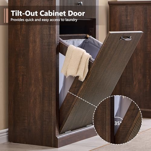 Image of IFBUY Modern Tilt Out Laundry Hamper Cabinet, 10 Gallon Fluted Trash Can Cabinet with Drawer, Wooden Hidden Garbage Can Cabinets with Laundry Basket, Free Standing for Bathroom and Kitchen, Brown