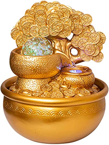 JMYSD Decoración de adorno de Feng Shui, fuente de mesa, árbol de dinero dorado, escultura de fuente de agua, humidificación, decoración de escritorio de oficina