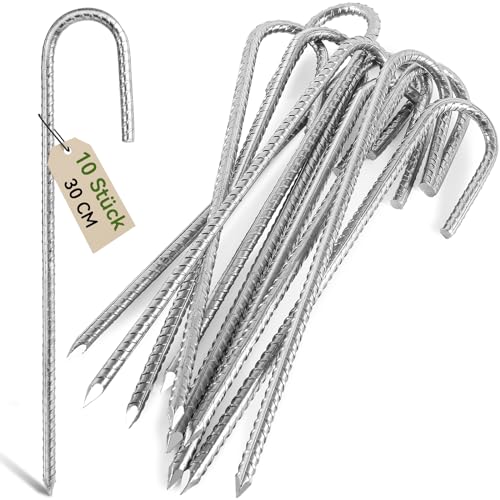 Graxury 10 Stück 30cm Schwere Trampolin-Zeltanker-Bodennägel - Verzinkter Stahl Rostfrei J-Haken-Rebar-Pfähle passend für Trampoline, Camping, Gartenschuppen, Schaukeln mit Meißelspitzenende