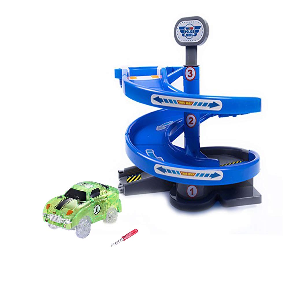 VINSOO Blue Auto Turn Tower with a Green Toy Car for Tracks Car Accessories Replacement Only