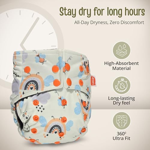 Image of LuvLap Reusable Baby Cloth Diaper, Double Leak Guard, High Absorption, Quick dry, Stain-Proof Comfort & Protection, 3m+, adjustable waist & height with snap buttons, Absorbent insert, Yellow Rainbow