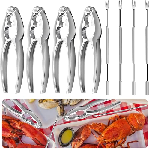 JIUGUNIANG 8pcs Crab Leg Crackers Set, Seafood Tools Contain 4 Nut Crackers and 4Stainless Steel Forks, Crab Crackers and Tools for Seafood Boil Party Supplies, Dishwasher Safe