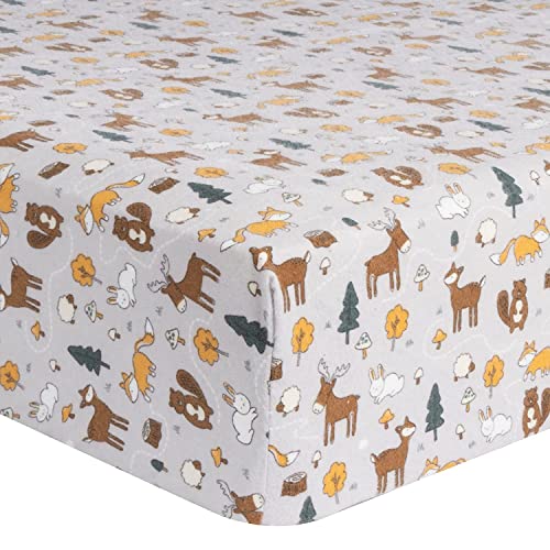 Image of Woodland Trail Fitted Crib Sheet - 100% Cotton; Green, Beige, Orange, Brown, Gray; Fully Elasticized; 10-Inch Pockets; Fits Standard Crib Mattress 28 in x 52 in;