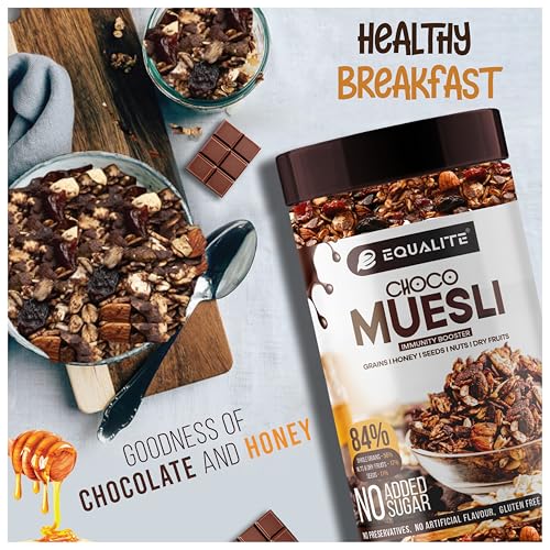 Image of Equalite Choco Muesli I Dry fruits I Muesli I Fruit and Nuts I No added sugar I Dark Chocolate I Granola I High protein I Breakfast I Healthy food I Gluten Free |No preservatives | High fiber | High Omega-3 | High Minerals & Vitamins |Weight loss food I Equalite foods | 350g