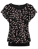 Zeagoo Womens Summer Tops Ruffle Short Sleeve T-Shirt Flowy Loose Pleated Floral Mesh Shirts Double Layers Crew Neck Tunic Tops Floral Pink XL