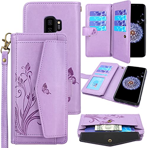 Lacass Compatible with Samsung Galaxy S9+ Plus G965U 6.2 inch 2018 Case, 12 Card Slots Holder Pocket Wallet Case Stand Flip Leather Cover Wrist Strap Lanyard (Butterfly Light Purple)