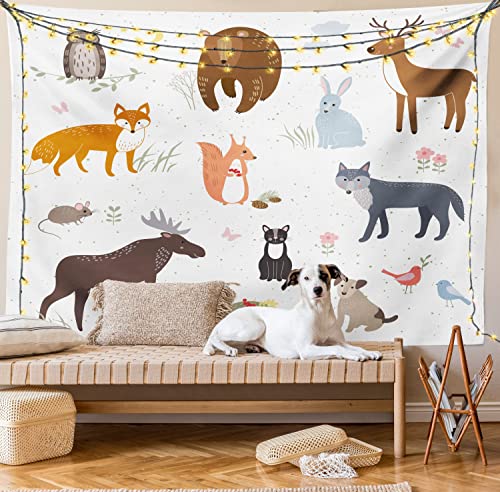Ambesonne Cabin Tapestry, Animals in The Springtime Meadow Woodland Fauna Room, Wide Wall Hanging for Bedroom Living Room Dorm, 80
