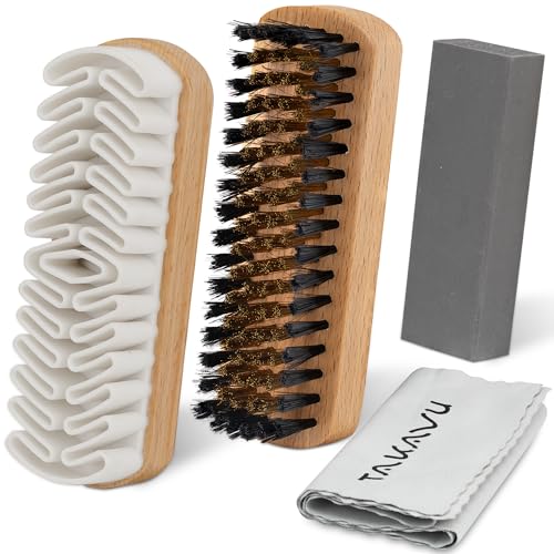 TAKAVU Premium Suede & Nubuck Cleaning Kit - Crepe Brush, Brass Bristle Brush, Microfiber Towel Cloth, Cleaning Block Eraser for Shoes, Boots