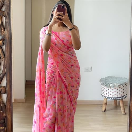 Image of StyleScope Women's Georgette Printed Lace Bordered Ready To Wear One Minute Saree With Print Unstitched Blouse Piece (RTW Mix Free Size)