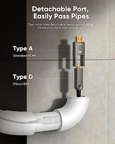 Image of Highwings 8K Fiber Optic HDMI 2.1 Cable Long with Dual Micro HDMI and Standard HDMI Connectors, Detachable High Speed 48Gbps Ultra HD Supports 8K 4K Compatible for Camera, PC, TV, 75Feet /23M Black