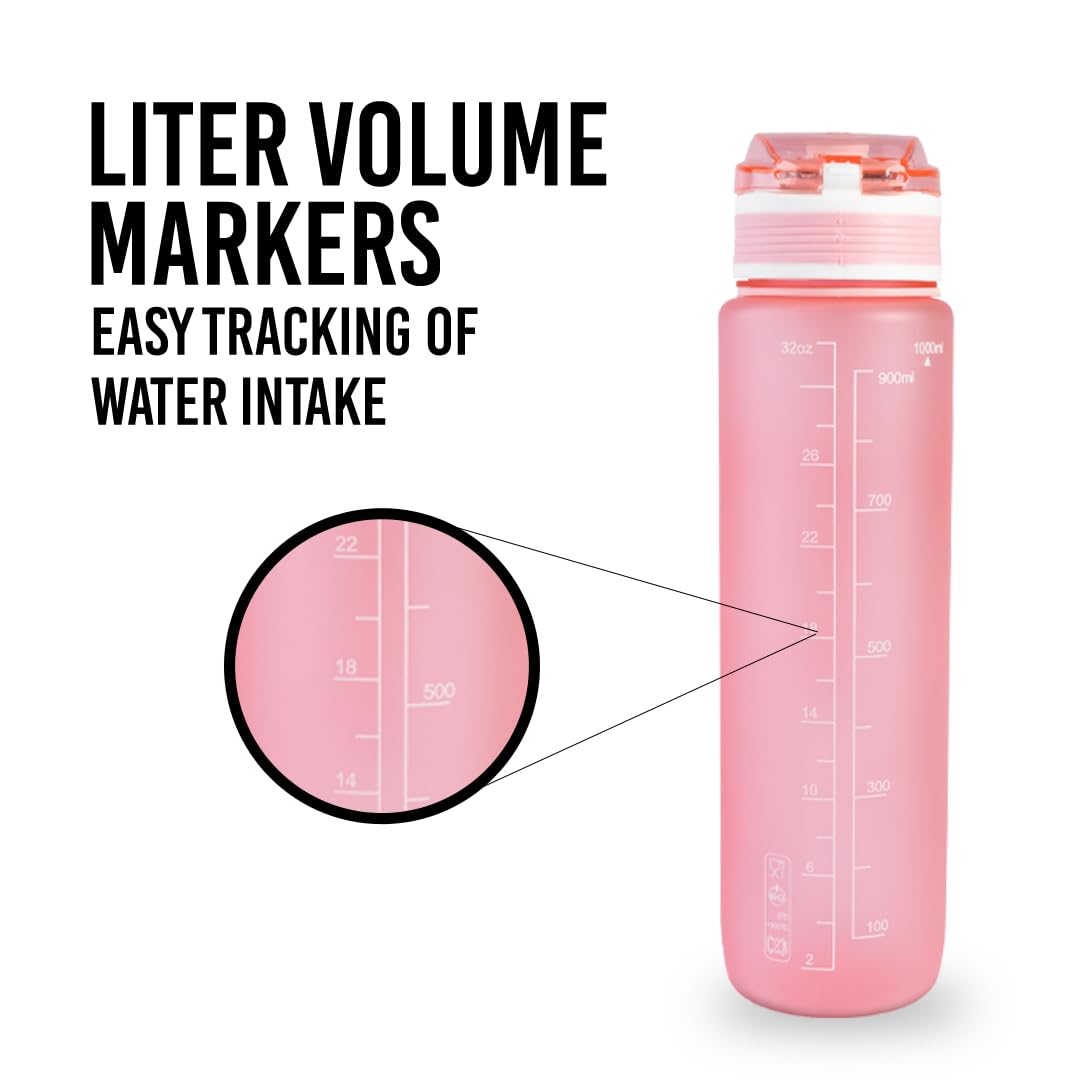 XRT65 1 Litre Gym Water Bottle with Sipper Lid | Leakproof Sports Bottle with Clear Litre Markings | Strong Lightweight Bottle for Fitness, Training, Hiking & Daily Use (Baby Pink)