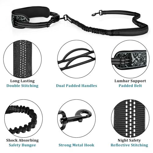 Philorn Joggingleine Hunde, Freihändig Laufleine, Bauchgurt Hundeleine zum Joggen Laufen Wandern mit Dual Griffe, Reflektierende Nähte (Schwarz)