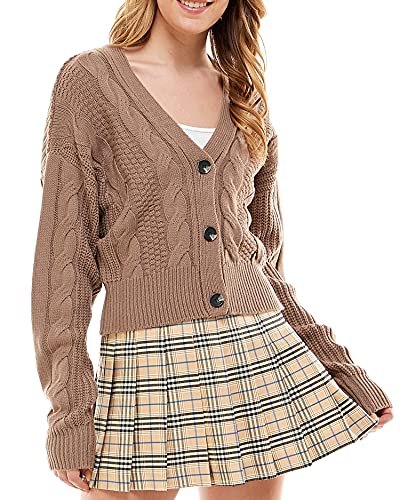 Love Tree Women's Cable Knit Sweater Cardigan - Button Up Long Sleeve Sweater Cardigan Top (Coco Brown, Medium)
