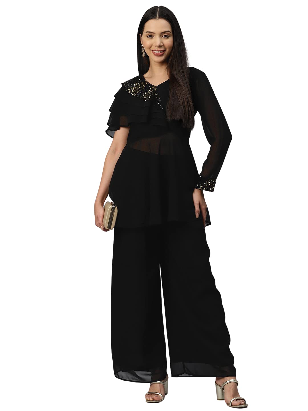 Women Black Solid Co-ord Set with Ruffled and Sequined Top and Palazzo