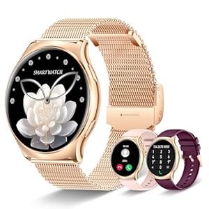 Smartwatch Damen Rund mit Telefonfunktion, 1,43 Zoll AMOLED Always-On-Display Fitnessuhr mit 100+ Sportmodi, Herzfrequenz, Schlafmonitor, Menstruationszyklus, Schrittzähler, Armbanduhr für Android iOS