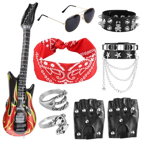 PEUTIER 9pcs Costume Rockstar pour Enfant, Tenue des Années 80 pour Enfants Costume de Rocker Hommes Costume Rockstar Accessoires Punk Accessoires de Costume...