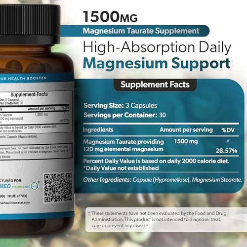 Image of Magnesium Taurate 1500mg, Supports Heart Health and Sleep, 90 Veg Capsules | Magnesium Taurate Supplement Support Heart Health and Better Sleep, GMP Certified, Gluten Free, Non-GMO, Made in USA