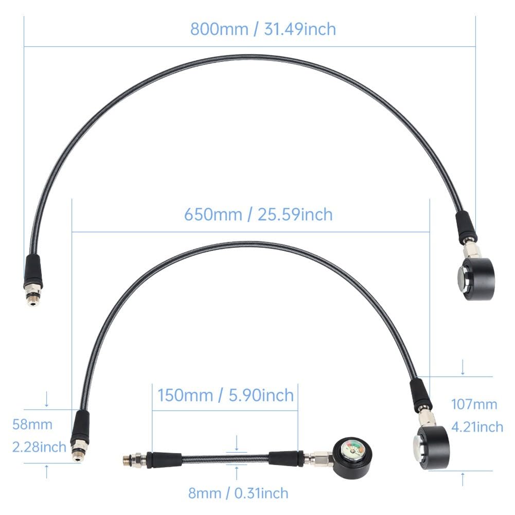 Manguera luminosa de alta presión de fibra de carbono, clasificación de 300 bares, giro de 360°, rosca 7/16-20UNF compatible con tanques