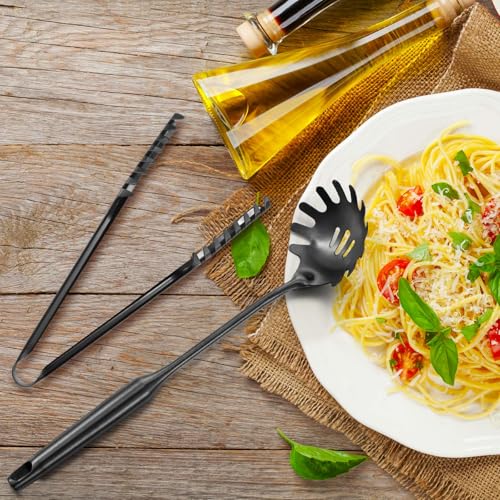 Image of Patelai Stainless Steel Spaghetti Spoon and Pasta Tongs Set, Long Handle Noodle Server Tools with Drain Holes, Non-slip Grip for Cooking, Serving Pasta and Noodles(Black)