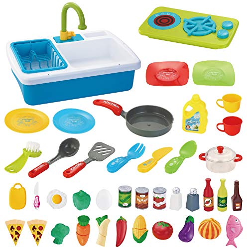 JOYIN Pretend-n-Play Play Kitchen Accessories Washing Dishes Toy Sink Playset with Running Water, Stove, Utensils and Playfood Cutting Food Toy