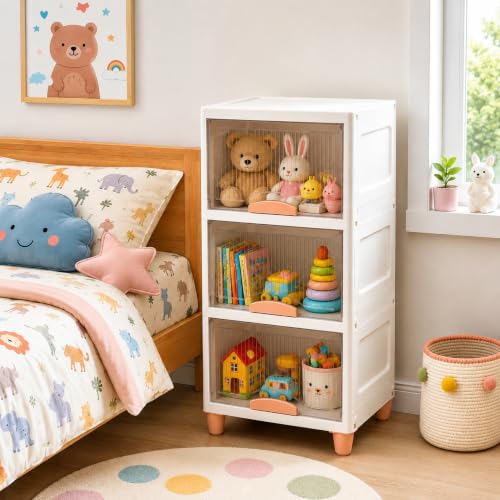 Image of HoopVool Foldable Storage Cabinet, Stackable Plastic Storage Box with Front Opening Door, Dustproof Organizer for Clothes, Toys, Books, Bathroom & Bedroom (3-Tier (33 X 38 X 82 CM))