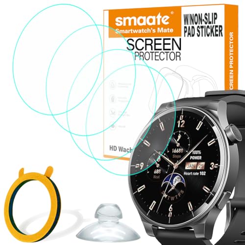 smaate Compatible with TOZO S5 1.43”, Round Smart Watch Tempered Glass Screen Protector, 4PCs, 9H, Transparent, P66TG62