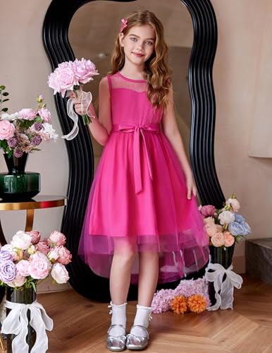 Image of Arshiner Girls Dresses Formal Party Wedding Tulle Sleeveless Contrast Mesh High Low Dress with Belt