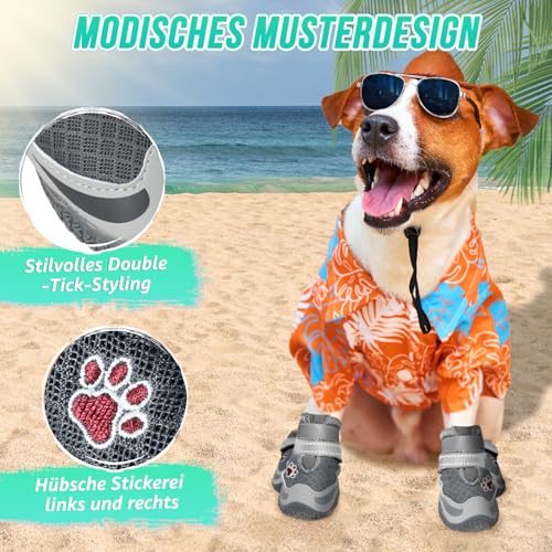 Eyein 2 Stück Hundeschuhe, Masche Atmungsaktiv Hundeschuhe Pfotenschutz mit Rutschfester Sohle für heiße Sommerböden, Reflektierende Hundeschuhe für nächtliche Spaziergänge im Freien (Grau, Größe 5)